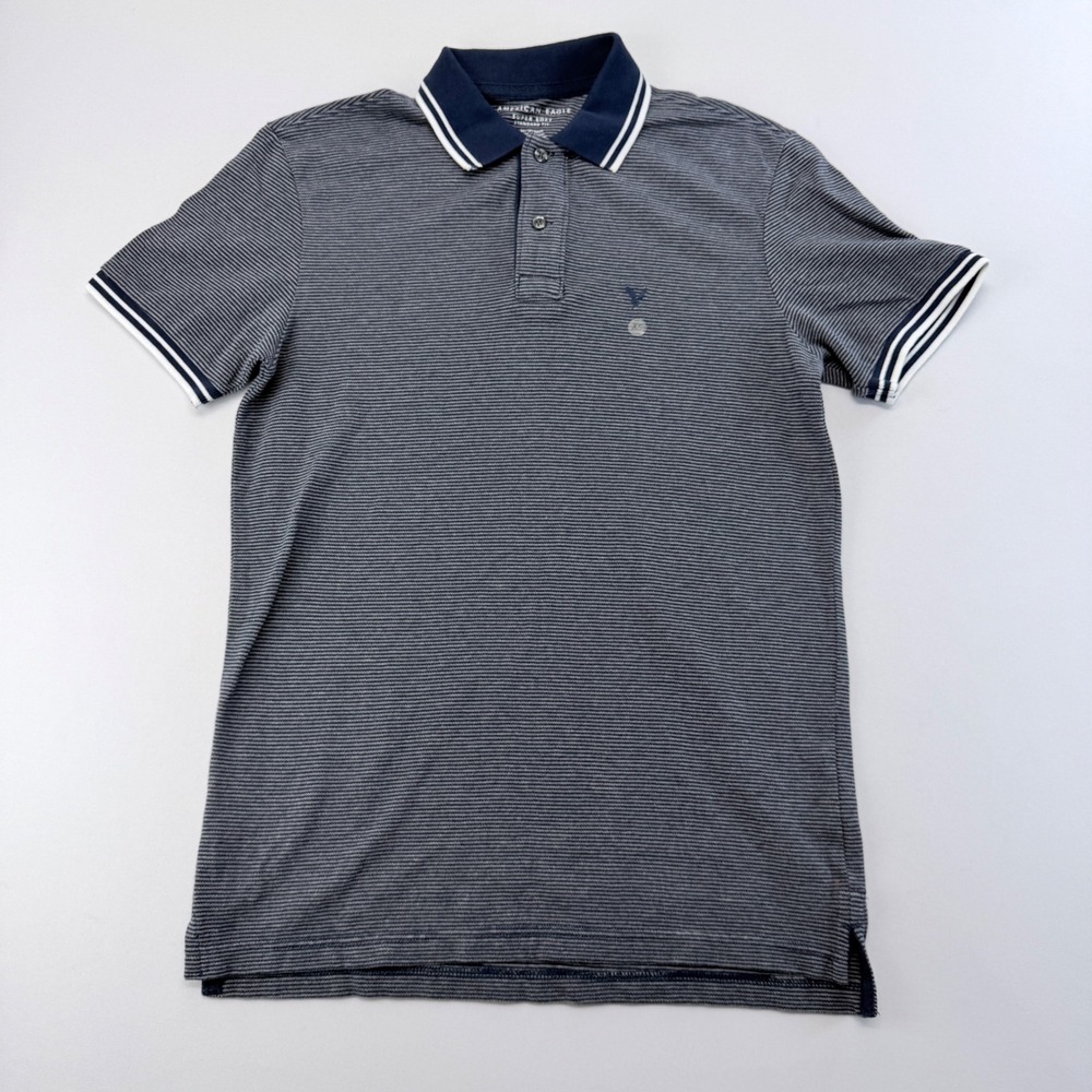 American Eagle Mens Super Soft Striped Polo Shirt Navy Grey XS